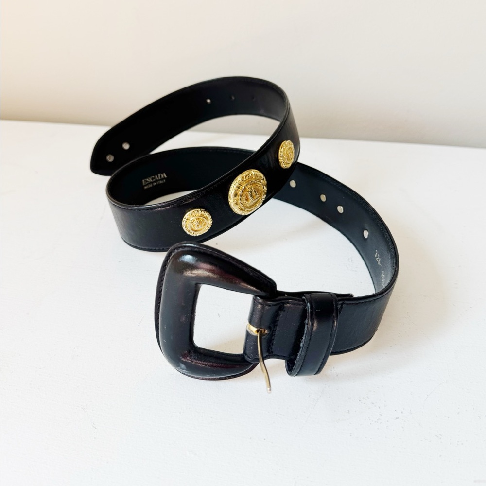 1990s Escada Black Leather Belt with Ornate Gold Hardware